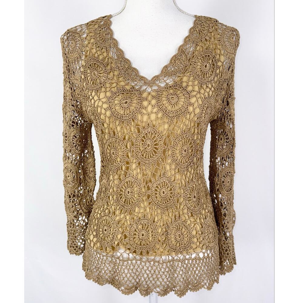 Boho Chic Y2K 90s Crochet Lace Top Women's Small Tan